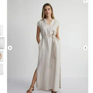Lafayette 148 New York Pinstripe Linen Popover Tan with Belt Maxi Dress Size XS‎